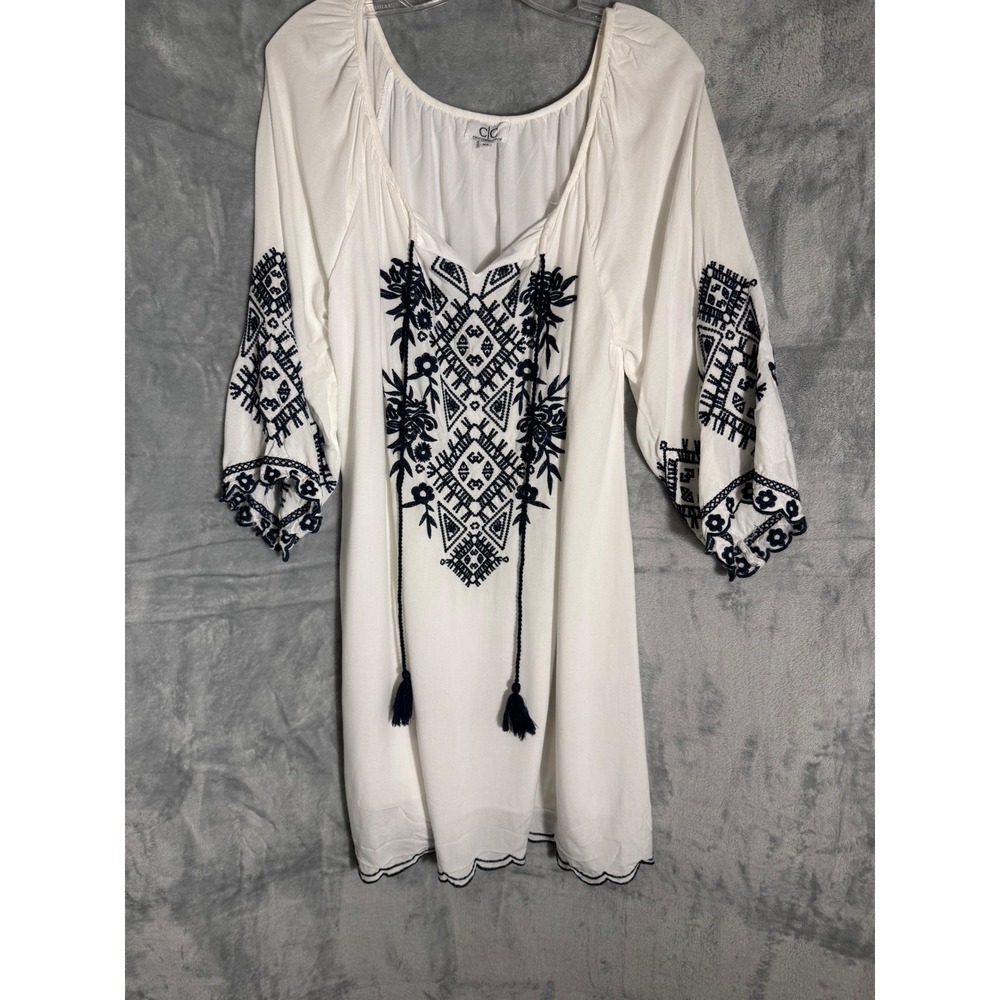 Chic Connection White Navy Embroidered Tassel Peasant Tunic Dress Womens XL